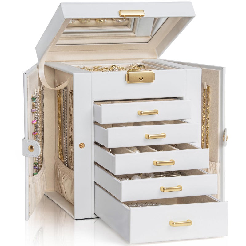 AKOZLIN 6Tier Jewelry Box Lockable Leather Jewelry Storage Case with 5 Drawers for Women Girls Ring Necklace Earring Bracelet Holder Organizer with Mirror - Image 2