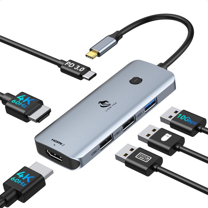 LIONWEI محطة إرساء USB C لشاشتين مزدوجتين، محول متعدد المنافذ LIONWEI لجهاز اللابتوب USBC مع 2 HDMI بدقة 4K، 3 USB-A/3.0/2.0، توصيل طاقة 100W، 6 في 1 لجهاز MacBook/Surface/Lenovo/Dell/HP - Image 1