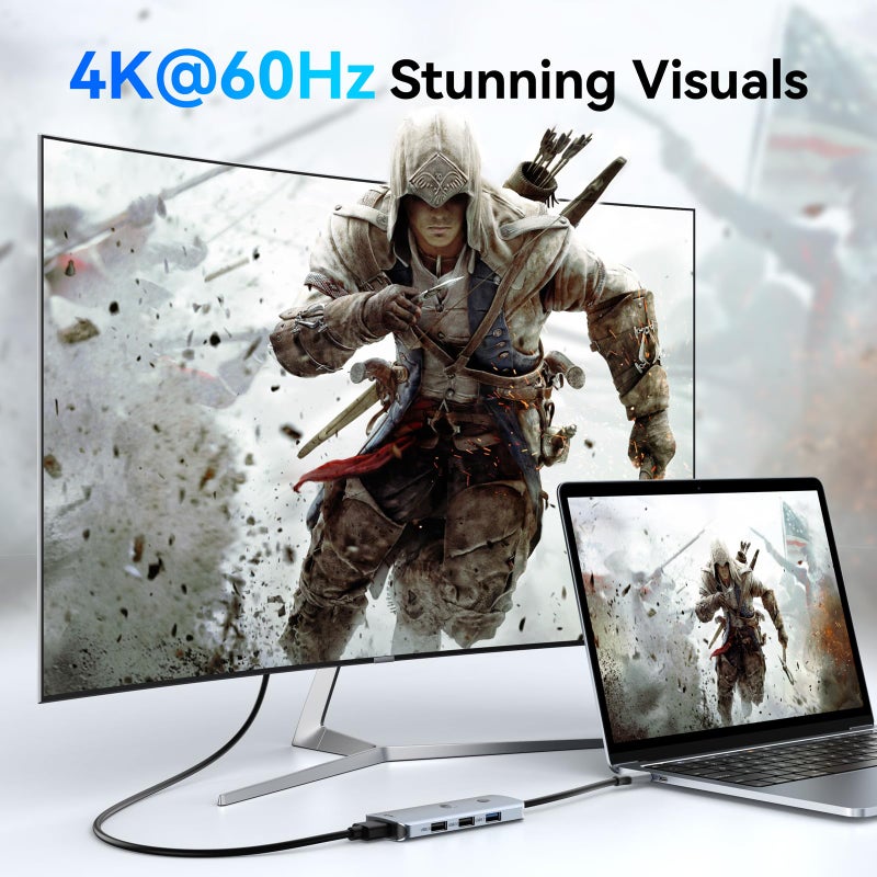 LIONWEI محطة إرساء USB C لشاشتين مزدوجتين، محول متعدد المنافذ LIONWEI لجهاز اللابتوب USBC مع 2 HDMI بدقة 4K، 3 USB-A/3.0/2.0، توصيل طاقة 100W، 6 في 1 لجهاز MacBook/Surface/Lenovo/Dell/HP - Image 3