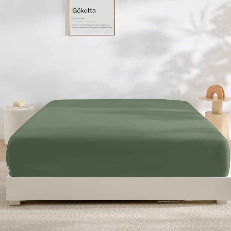 GOKOTTA Fitted Sheet Only 16 Inch Pocket Bamboo Rayon Fitted Sheet Super Soft and Cooling Bottom Sheet with 4 Elastic Corner StrapsGreen King Size