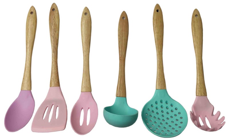 Whitecloud TRANSFORMING HOMES® Wooden Handle Cooking Spoon-Silicone Nonstick Heat Resistant Kitchen Utensil Set, Complete Set of 6 (105-1, 2, 3, 4, 5, 6) - Image 1