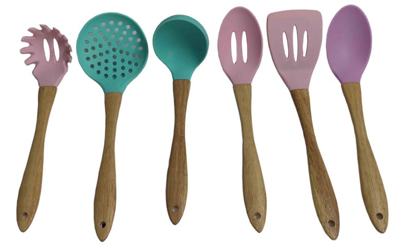 Whitecloud TRANSFORMING HOMES® Wooden Handle Cooking Spoon-Silicone Nonstick Heat Resistant Kitchen Utensil Set, Complete Set of 6 (105-1, 2, 3, 4, 5, 6) - Image 4