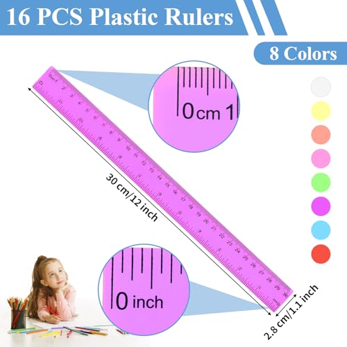 Okxiri 16 Pack Assorted Color Clear Rulers 12 inch, Plastic Ruler Bulks for Classroom, Transparent Metric Rulers for Kids with Inches and Centimeters for School, Home, Office Supplies - Image 2