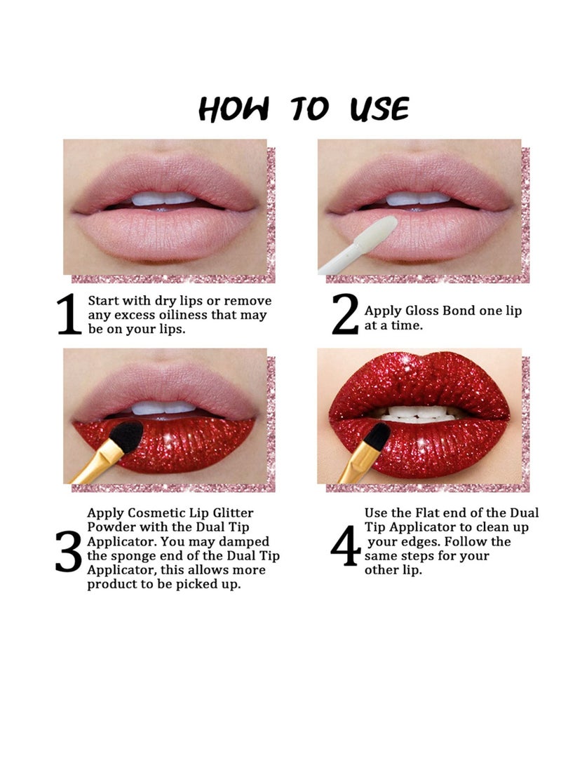 4 Colors Glitter Lip Kit, Metallic Shimmer Glitter Powder for Lip Gloss Making, Waterproof Long-lasting Glitter Lip Powder Kit with Lip Primer and Brush Set for Lips Nails Art