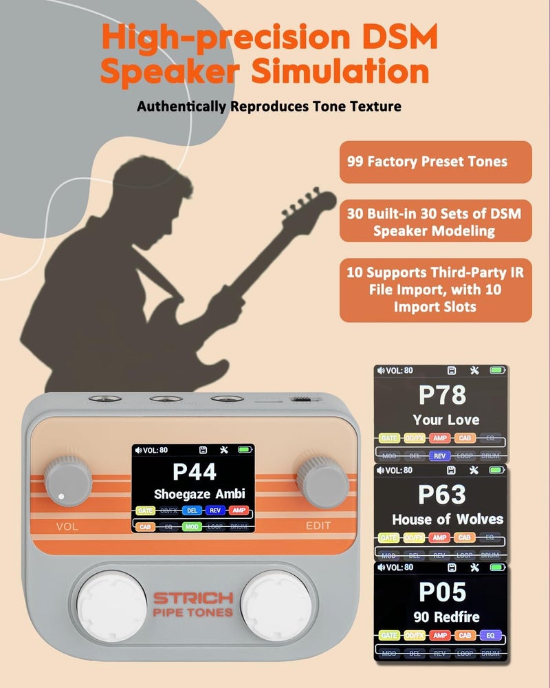 STRICH Pipe Tones Pocket Multi-Effects Processor for Guitar and Bass with 10 Effect Modules 125 Effects 40s Looper 100 Drum Patterns USB Audio Interface Wireless Control (Gray) - Image 4