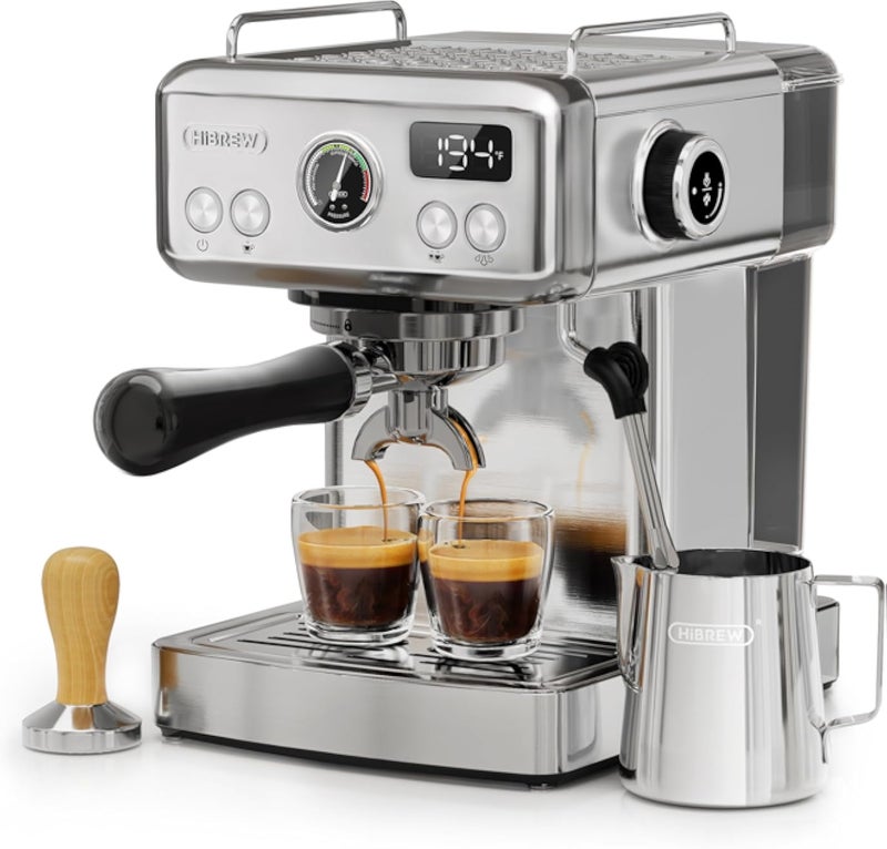 ماكينة تحضير قهوة الإسبريسو HIBREW H10A قابلة للبرمجة، مصنوعة من الفولاذ المقاوم للصدأ بضغط 19 بار، مزودة بعصا بخار وخزان مياه قابل للإزالة سعة 1.8 لتر.
