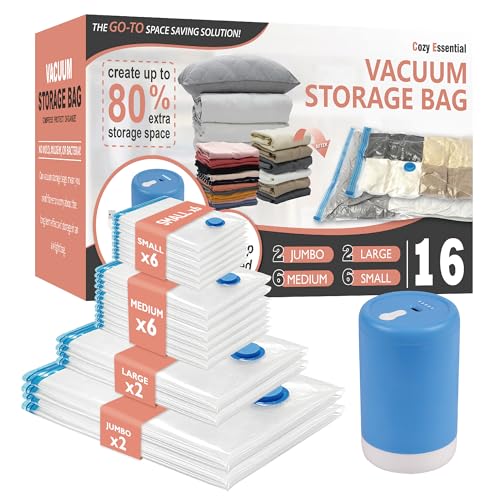 Cozy Essential 16 Pack Vacuum Storage Bags with Electric Pump, Vacuum Seal Space Saver Bags for Clothing, Pillows, Blanket, Bedding, Comforters - Image 1