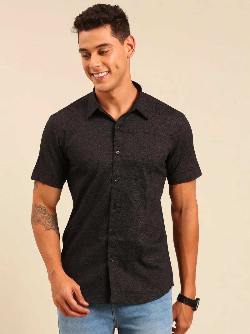 Joven Black Printed Cotton Shirt for Men