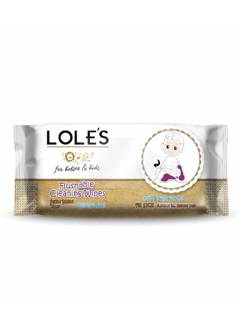 Lole's Flushable Cleaning Wipes for Babies & Kids – Plant-Based, 0% Fragrance – Pack of 1 x 48 Wipes - Image 1