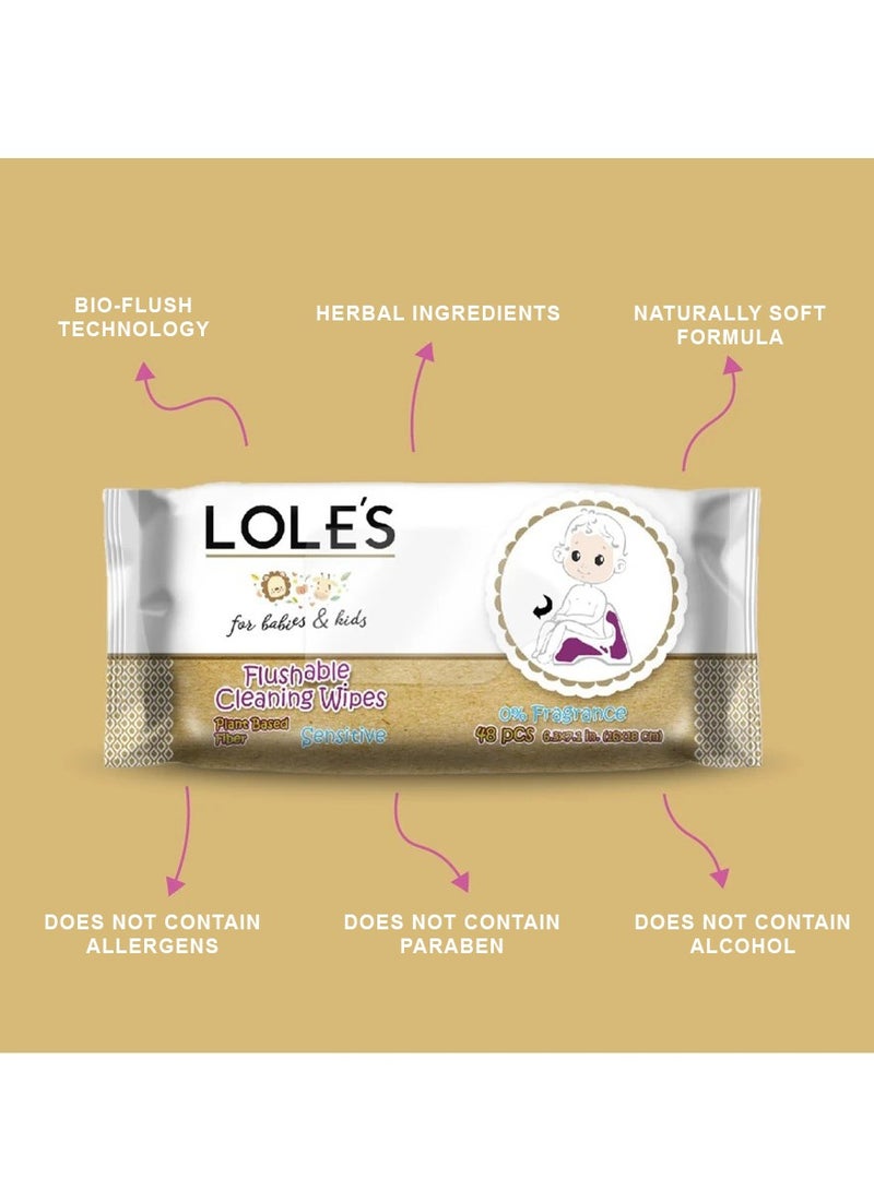 Lole's Flushable Cleaning Wipes for Babies & Kids – Plant-Based, 0% Fragrance – Pack of 1 x 48 Wipes - Image 3
