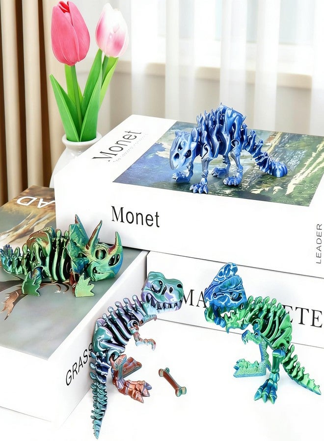 DEFORAGE 4Pcs 3D Printed Dinosaur Skeleton, Articulated Tyrannosaurus Rex with Bones, 3D Printed Triceratops, Ankylosaur, 3D Printed Animals, Dinosaur Themed Party Decor, Stress Relief - Image 2