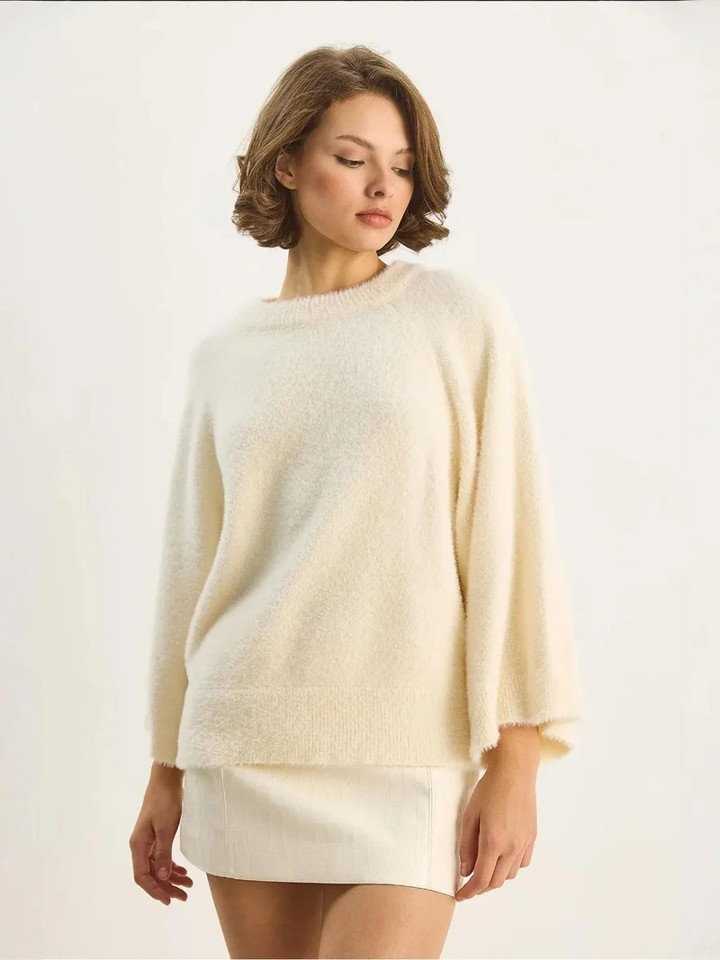 Bianco Lucci Ivory Natural LUCCI Textured Knit Sweater with Crew Neck for Women | Best Price UAE