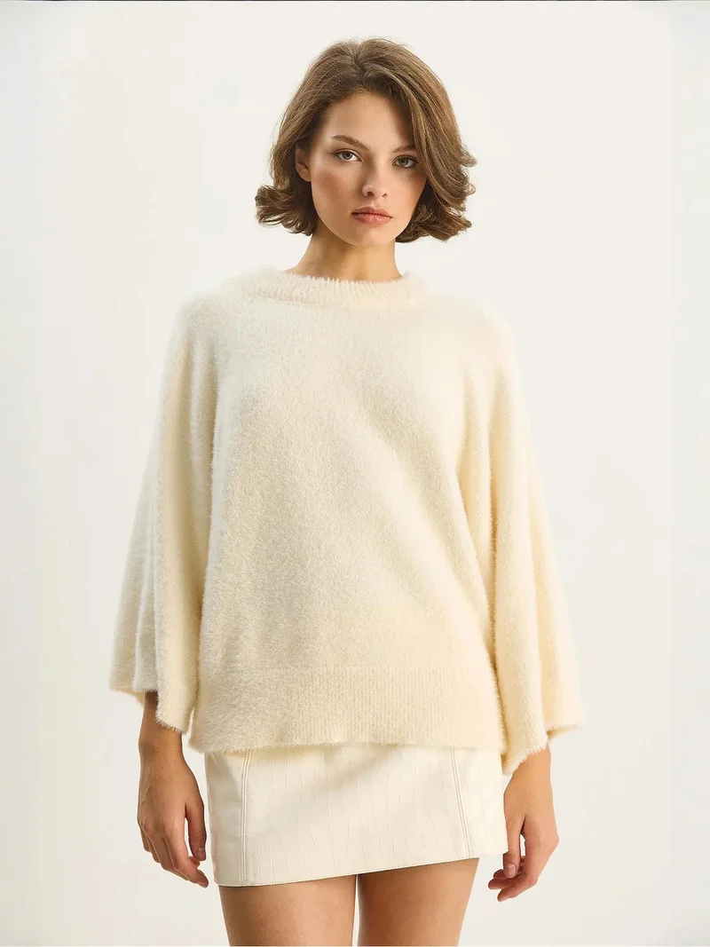 Bianco Lucci Ivory Natural LUCCI Textured Knit Sweater with Crew Neck for Women | Best Price UAE