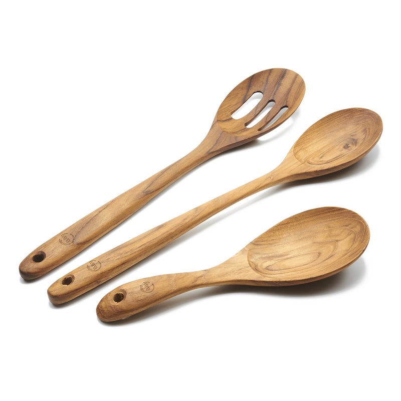 FAAY 3In1 Wooden Spoons Handcrafted Golden Teak Kitchen Utensils Including 135 Inch Cooking Spoon Slotted Spoon and 9 Inch Versatile Spoon 100 Natural  Eco Friendly with Ergonomic Handle