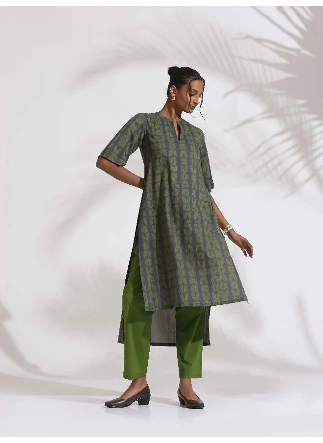ترو برونز trueBrowns Grey Cotton Print Highlow Kurta Set