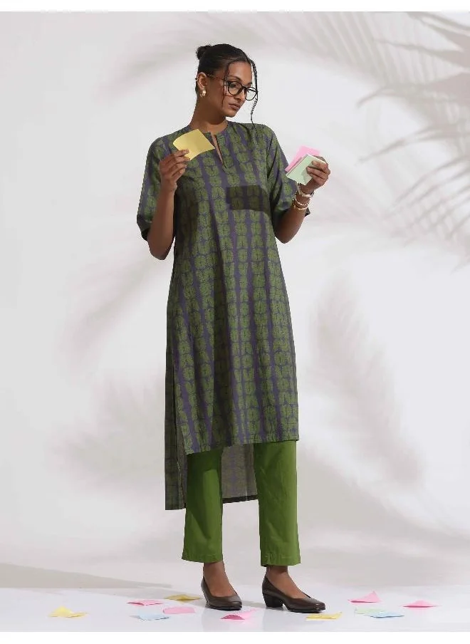 ترو برونز trueBrowns Grey Cotton Print Highlow Kurta Set
