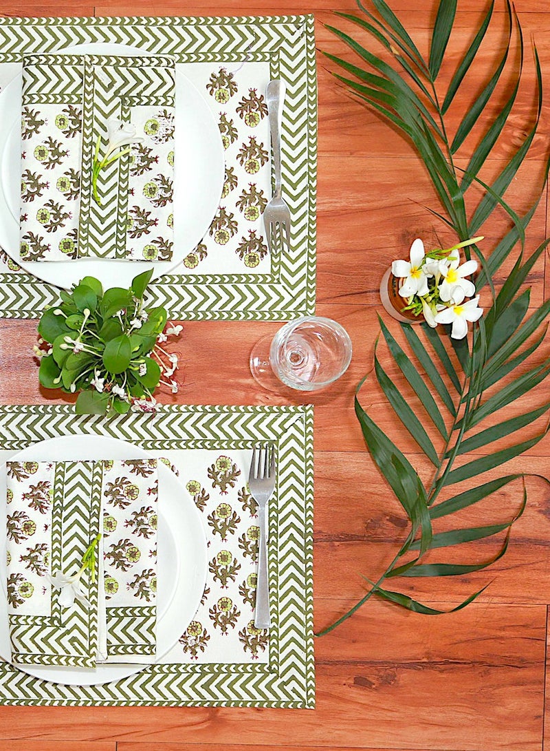 OJARIYA 12 Piece Green Orchid Hand Block Printed 100 Percent Canvas Cotton Table Placemats & Soft Cotton Napkin Set  - Image 5
