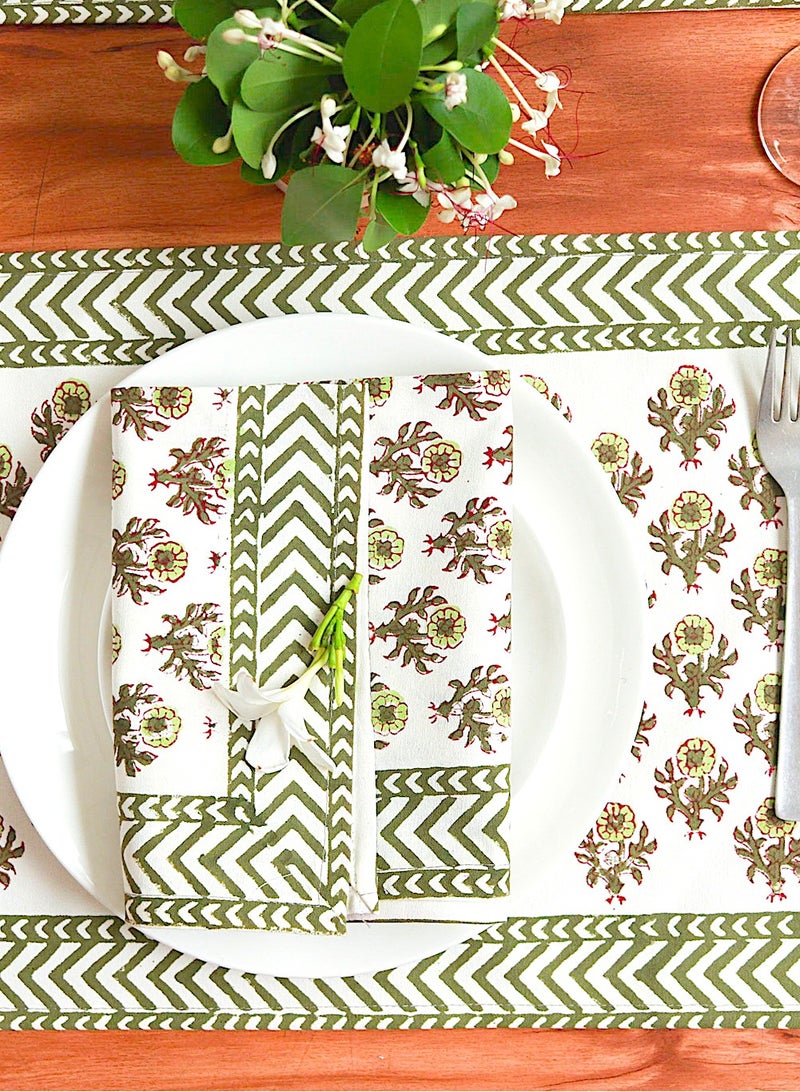 OJARIYA 12 Piece Green Orchid Hand Block Printed 100 Percent Canvas Cotton Table Placemats & Soft Cotton Napkin Set  - Image 2