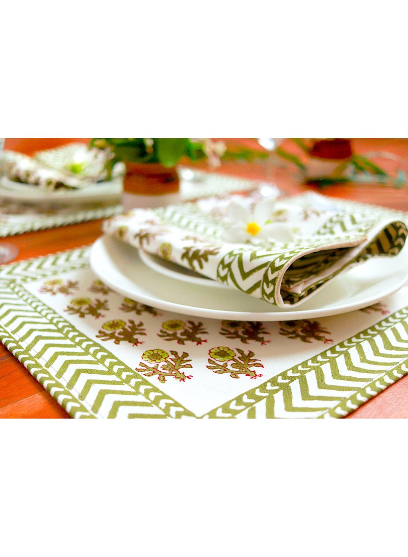 OJARIYA 12 Piece Green Orchid Hand Block Printed 100 Percent Canvas Cotton Table Placemats & Soft Cotton Napkin Set  - Image 3