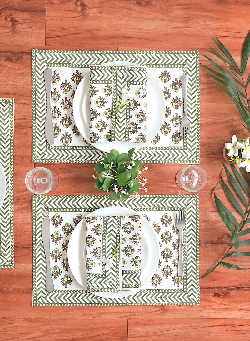 OJARIYA 12 Piece Green Orchid Hand Block Printed 100 Percent Canvas Cotton Table Placemats & Soft Cotton Napkin Set  - Image 4