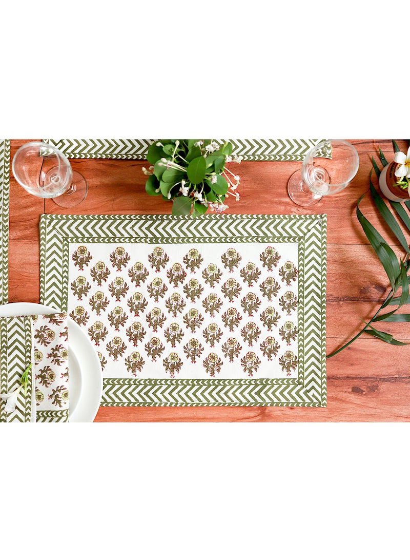 OJARIYA 12 Piece Green Orchid Hand Block Printed 100 Percent Canvas Cotton Table Placemats & Soft Cotton Napkin Set  - Image 1