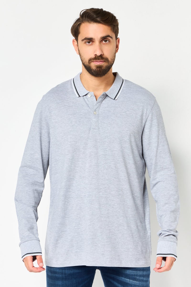 Celio Men Regular Fit Solid Long Sleeves Polo Shirt, Grey - Image 1