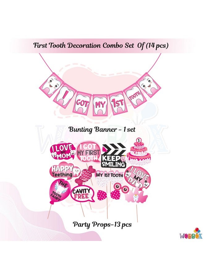 Wobbox First Tooth Photo Booth Party Props (13 Pcs) with I Got My 1st Tooth Bunting Banner, Pink Colour Stylish Font, First Tooth Decoration, First Tooth Decoration Items for Baby - Image 2