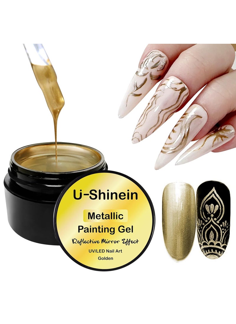 U-Shinein 8ml Metallic Painting Nail Polish Gel, Golden 3D Metal Painting Gel Drawing Mirror Nail Gel Polish, Nail Liner Painting Gel Glossy Soak Off UV/LED DIY Nail Manicure 