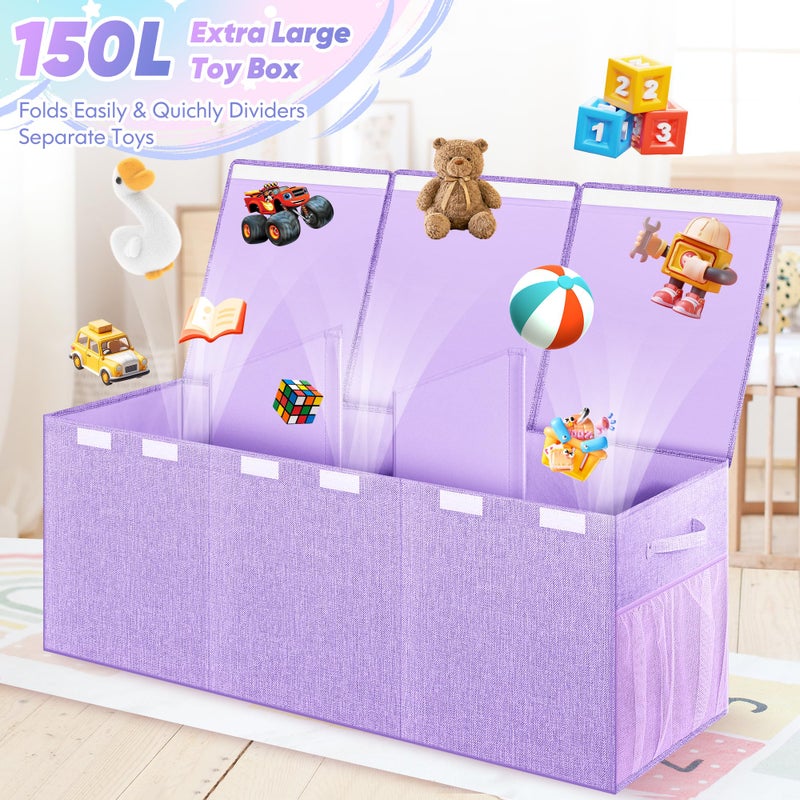 Mabahoo Extra Large Toy Box, Toy Chest for Kids Boys Girls, Collapsible Sturdy Storage Organizer with Mesh Pockets, 40"x14"x16" Kids Box Bins Baskets for Nursery, Playroom, Purple - Image 2