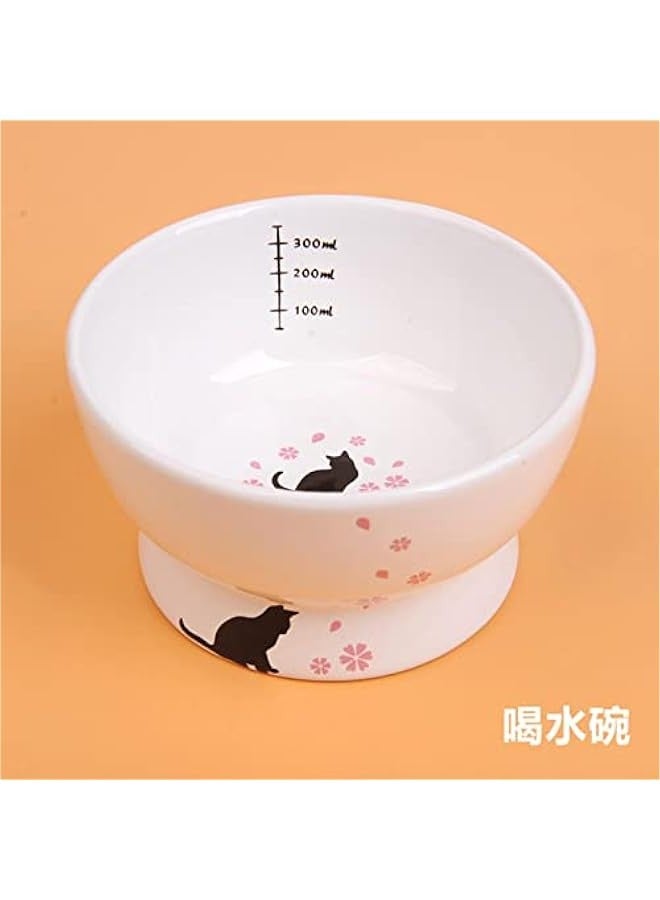 Japanese Style Tall Ceramic pet Bowl Adult cat Drinking Bowl cat Food Bowl Printed Ceramic cat Bowl-Drinking Bowl,White  - Image 2