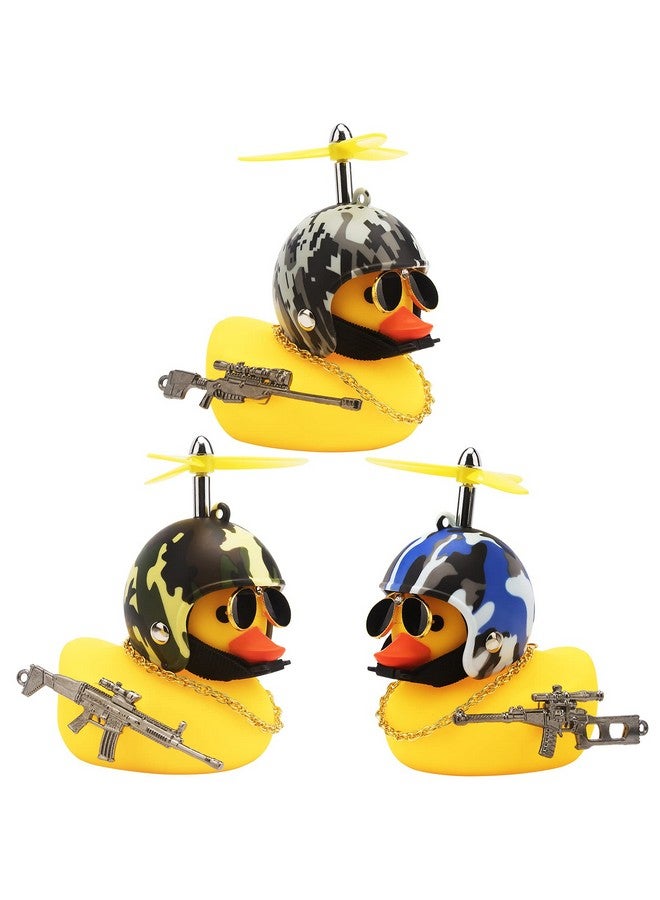 wonuu 3 Pack Car Rubber Duck Cute Yellow Wind-Breaking Ducks Dashboard Decorations Small Ornaments with Propellers Glasses Gold Chain (Yellow-Camouflage) - Image 1