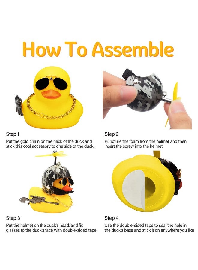wonuu 3 Pack Car Rubber Duck Cute Yellow Wind-Breaking Ducks Dashboard Decorations Small Ornaments with Propellers Glasses Gold Chain (Yellow-Camouflage) - Image 4