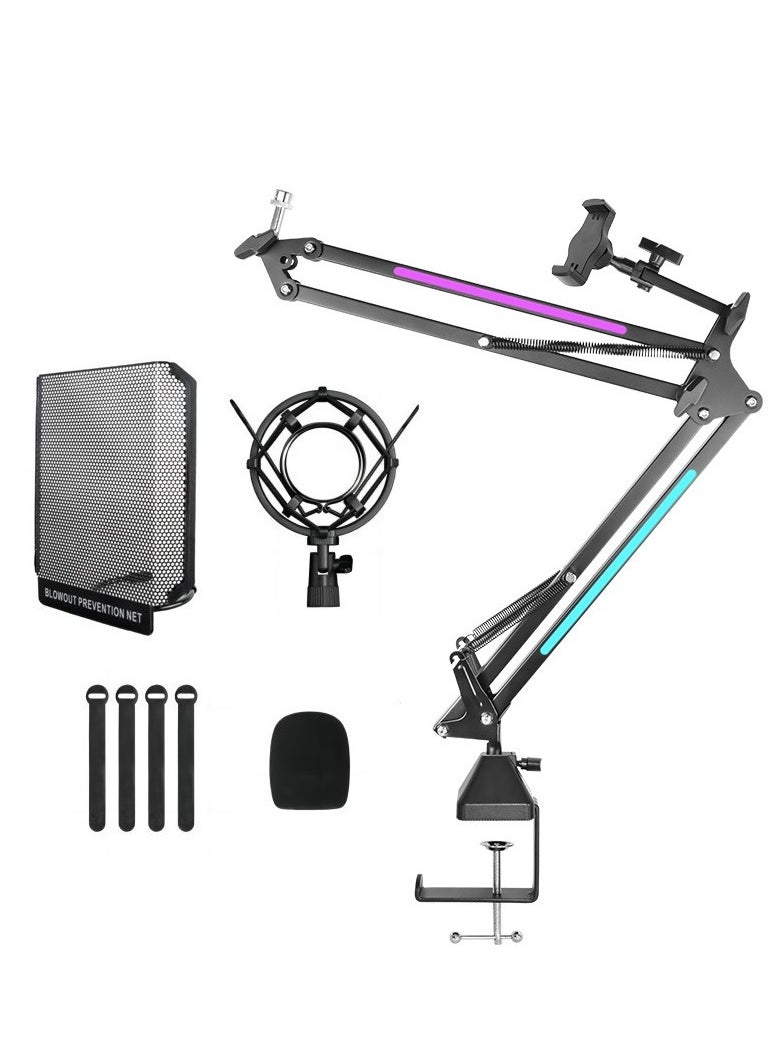 XiuWoo - Mic Boom Arm with RGB, Microphone Arm with Desk Mount Clamp, Switch Control ,RGB Mode, Adapter, Cable Management, Compatible with HyperX Quadcast, Blue Yeti, for Streaming, Gaming, Studio - Image 1