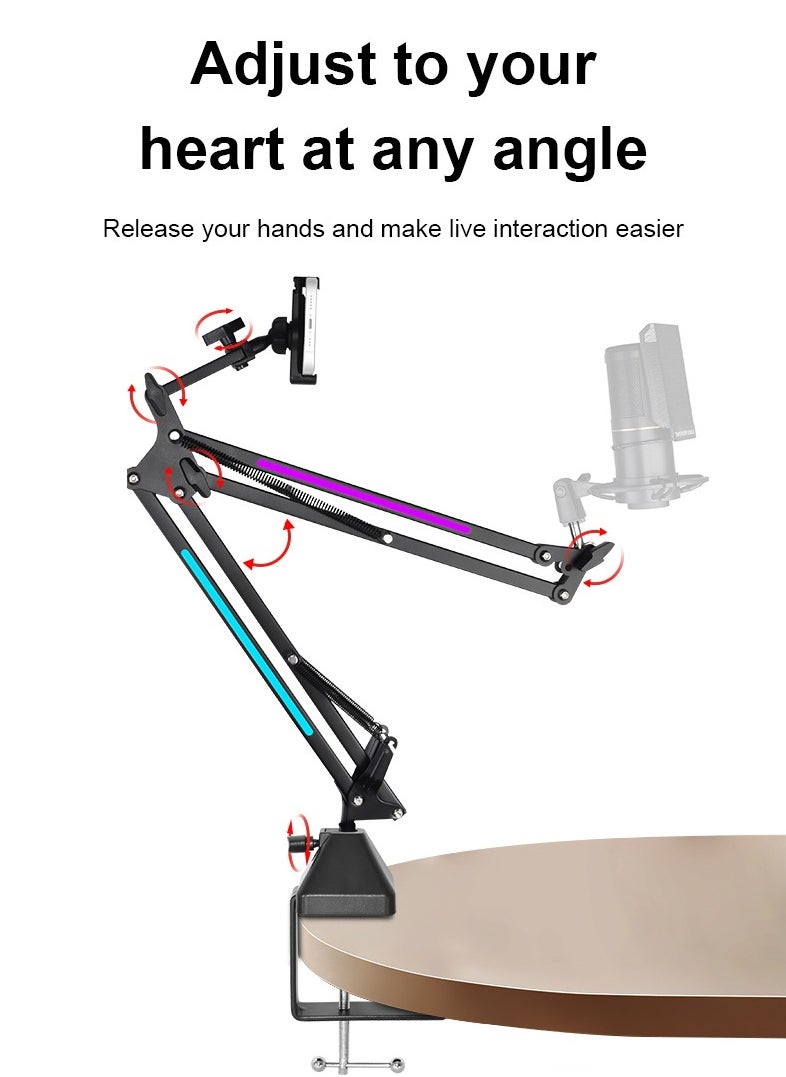 XiuWoo - Mic Boom Arm with RGB, Microphone Arm with Desk Mount Clamp, Switch Control ,RGB Mode, Adapter, Cable Management, Compatible with HyperX Quadcast, Blue Yeti, for Streaming, Gaming, Studio - Image 1