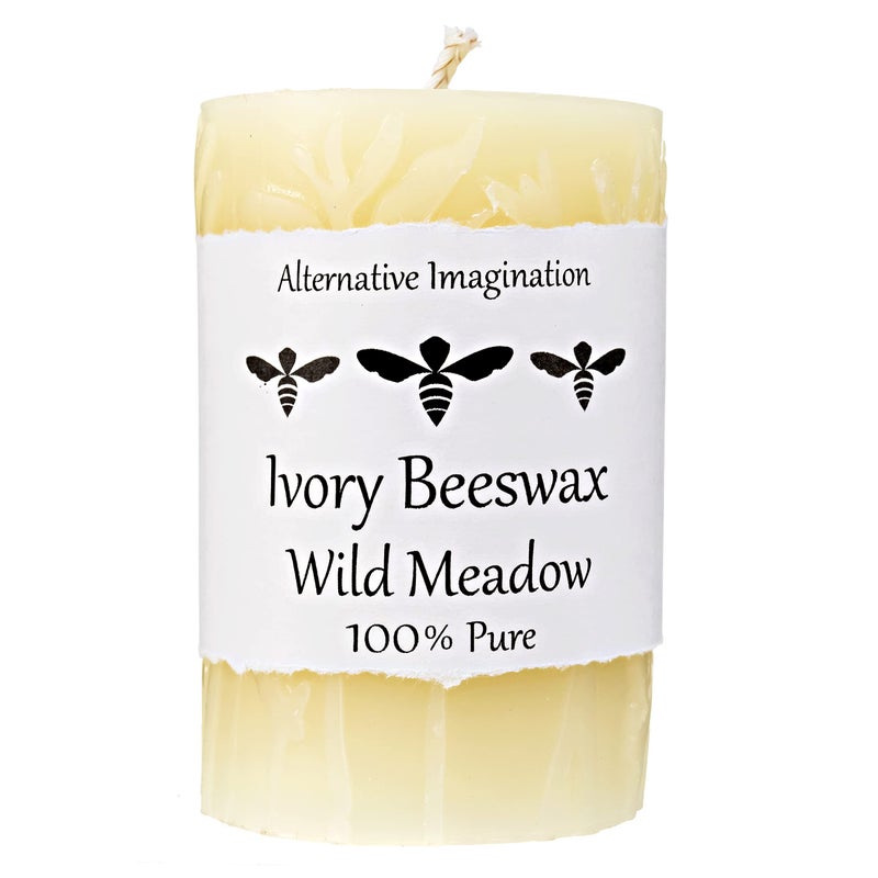 Wild Meadow Beeswax Candles  3x4 Beeswax Pillar Candles Naturally Whitened  Additive Free  40 Hours  Smokeless Dripless Unscented  for Home Decor Gifts  1 Pack  Alternative Imagination