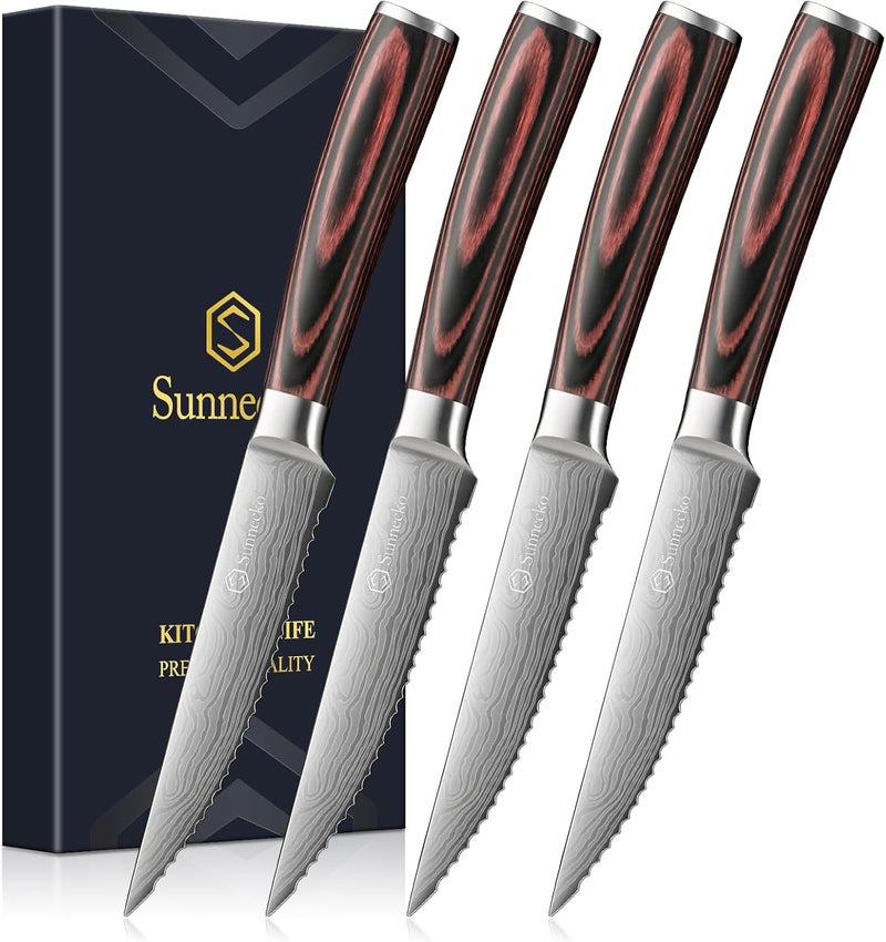 Sunnecko Razor-Sharp Steak Knives Set of 4,Premium Stainless Steel Serrated Steak Knife Set,Pakkawood Handle 4.5 Inch Kitchen Steak Knife with Gift Box - Image 1