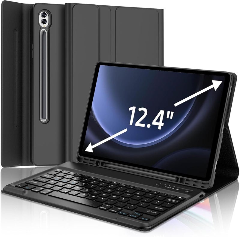 SENGBIRCH Keyboard Case for Samsung Galaxy Tab S9 FE + 5G and S9 Plus (12.4 inch), Bluetooth Wireless Keyboard, Auto Sleep/Wake Smart Folio with S Pen Holder, S9 FE 12.4 Keyboard, Black - Image 1