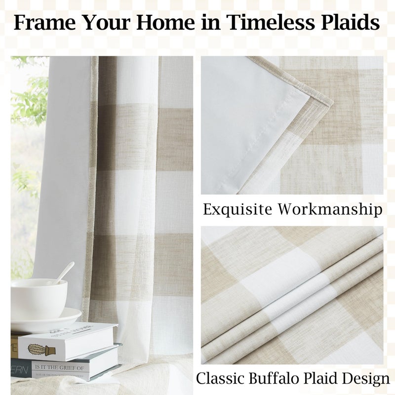Bapawfish Tan White Buffalo Plaid Full Blackout Curtain Panel 72 Inch,Farmhouse Geo Checkered Drape with Darkening Liners,Grommet Energy Efficient Window Treatment for Bedroom Living Room,40"Wx72"Lx2 - Image 5