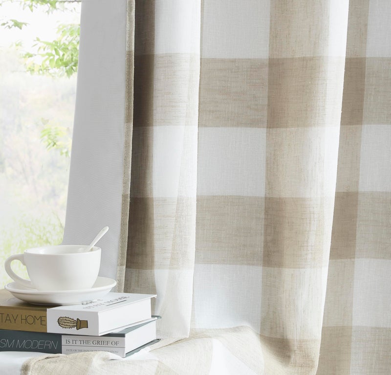 Bapawfish Tan White Buffalo Plaid Full Blackout Curtain Panel 72 Inch,Farmhouse Geo Checkered Drape with Darkening Liners,Grommet Energy Efficient Window Treatment for Bedroom Living Room,40"Wx72"Lx2 - Image 1
