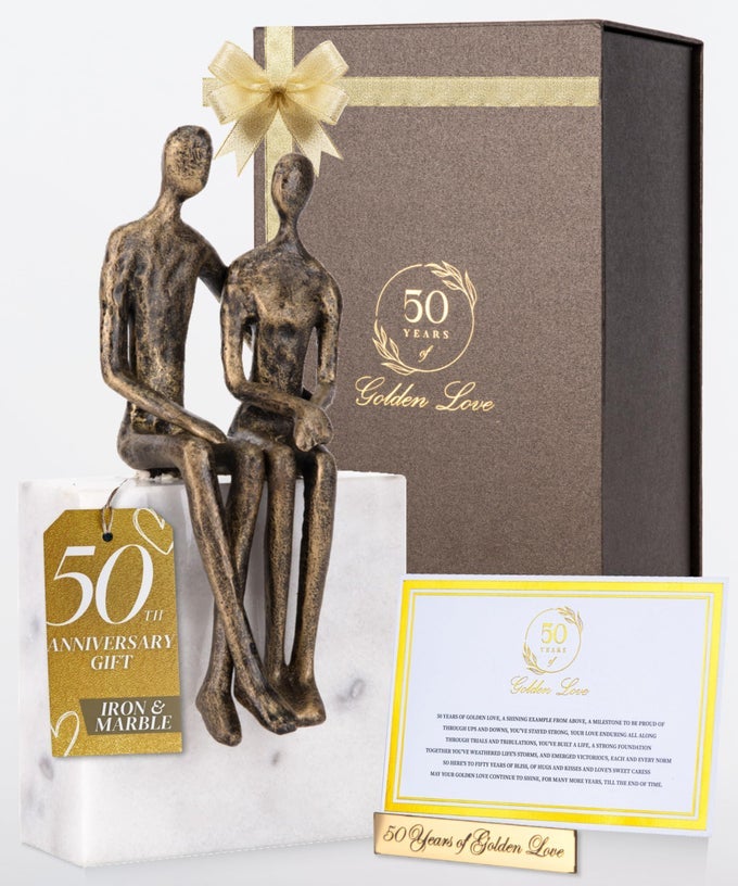 50th Wedding Anniversary Couple Gifts Iron and Marble Sculpture Gifts for 50th Wedding Anniversary for Parents or Friends Includes Present Box Engraved Plaque and Poem Card