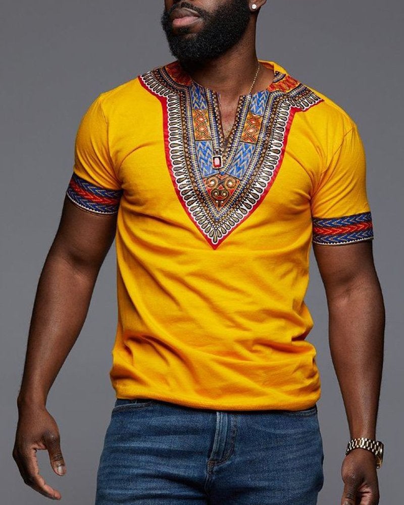 Makkrom Mens African Dashiki T Shirt Tribal Floral Print V Neck Slim Fit Shirts Tops - Image 4