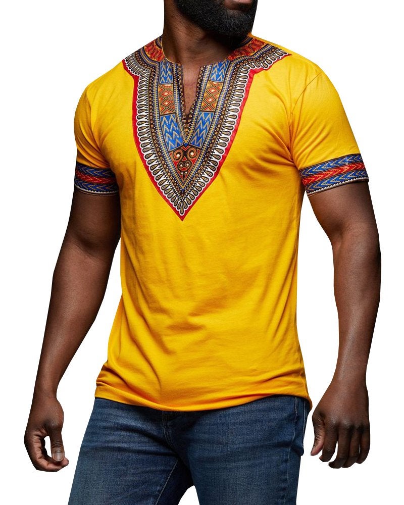 Makkrom Mens African Dashiki T Shirt Tribal Floral Print V Neck Slim Fit Shirts Tops - Image 1