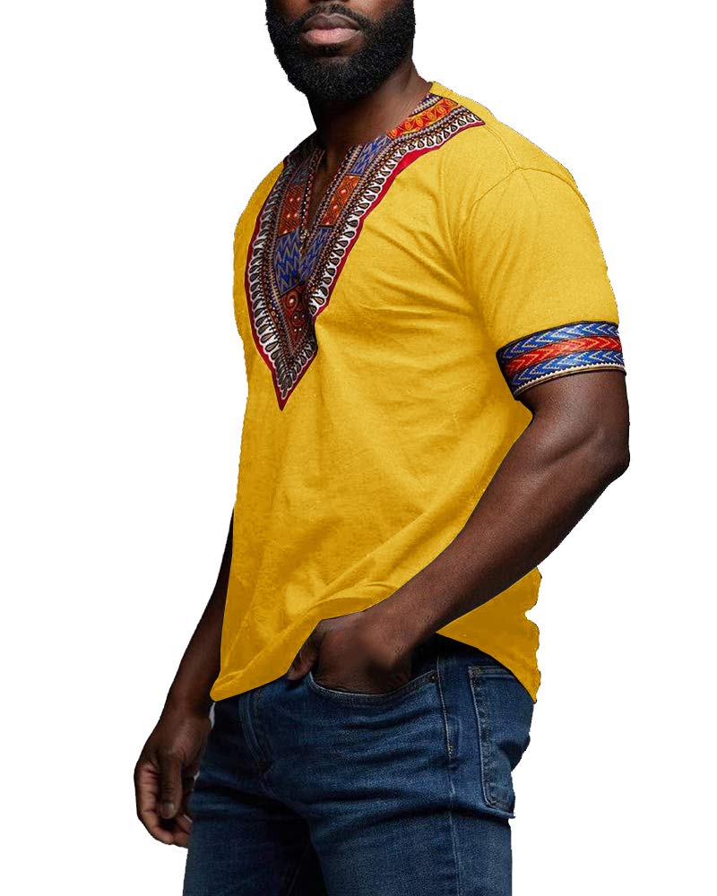 Makkrom Mens African Dashiki T Shirt Tribal Floral Print V Neck Slim Fit Shirts Tops - Image 2