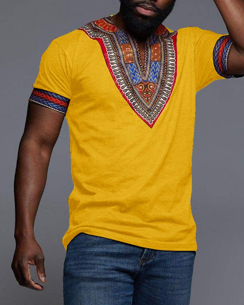 Makkrom Mens African Dashiki T Shirt Tribal Floral Print V Neck Slim Fit Shirts Tops - Image 3