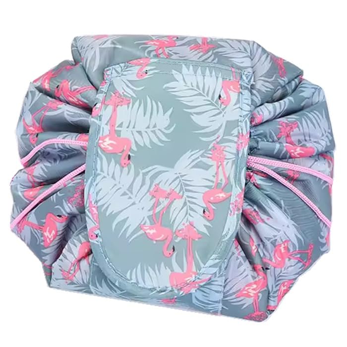 ERHETUS Women's Waterproof & Portable Lazy Cosmetic Bag with Drawstrings | Elegant Flamingo Designed Toiletry Kits Makeup Pouches for Girls | Travel Organizer Bags with Large Storage Capacity (Grey) - Image 1