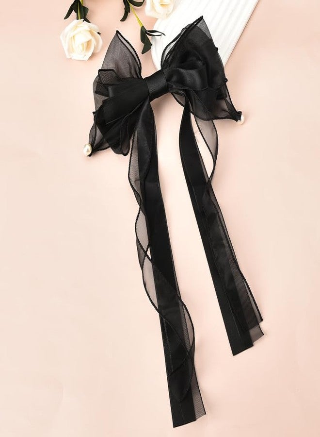 YangQian Long Hair Bows with Ribbons, Lace, Tulle and Pearls - Decorative Hair Clips, Barrettes and Hair Accessories for Women, Girls and Prom - Image 4