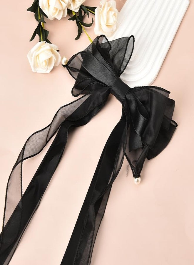 YangQian Long Hair Bows with Ribbons, Lace, Tulle and Pearls - Decorative Hair Clips, Barrettes and Hair Accessories for Women, Girls and Prom - Image 2