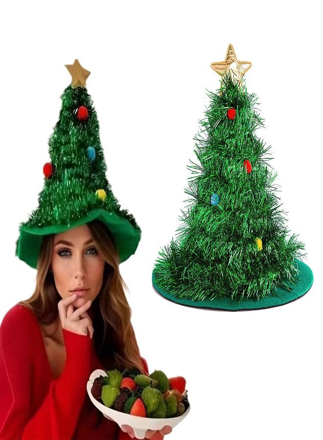 AUOCATTAIL Christmas Tree Hat Green Tinsel Glitter Golden Five pointed Star ChristmasTheme Party Holiday Xmas Hats Costume Accessories Decoration Supplies - Image 1