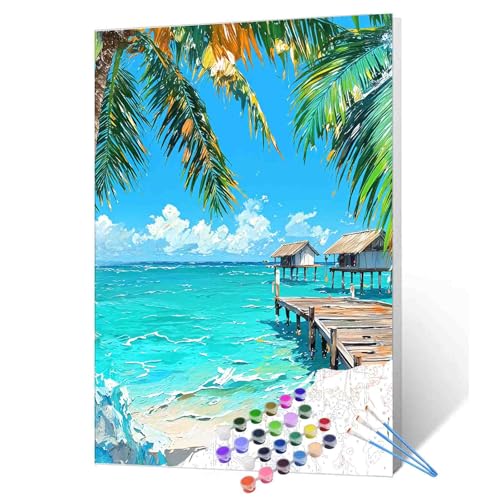 Aihonmin The Ocean of Nature Paint by Numbers for Adults KidsBeautiful Maldives DIY Acrylic Watercolor Paint by Number for Adults Beginner and Kid 16x20 inch Painting Craft On Canvas Home Decorwithout frame - Image 1
