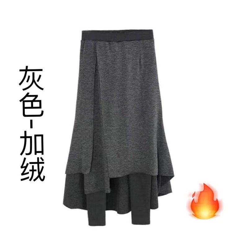 European and American Style Irregular Culottes Womens New Fake Two-piece Large Size Skirt Niche Design Multi-layer One-piece Culottes Trendy Gray [plus velvet]]